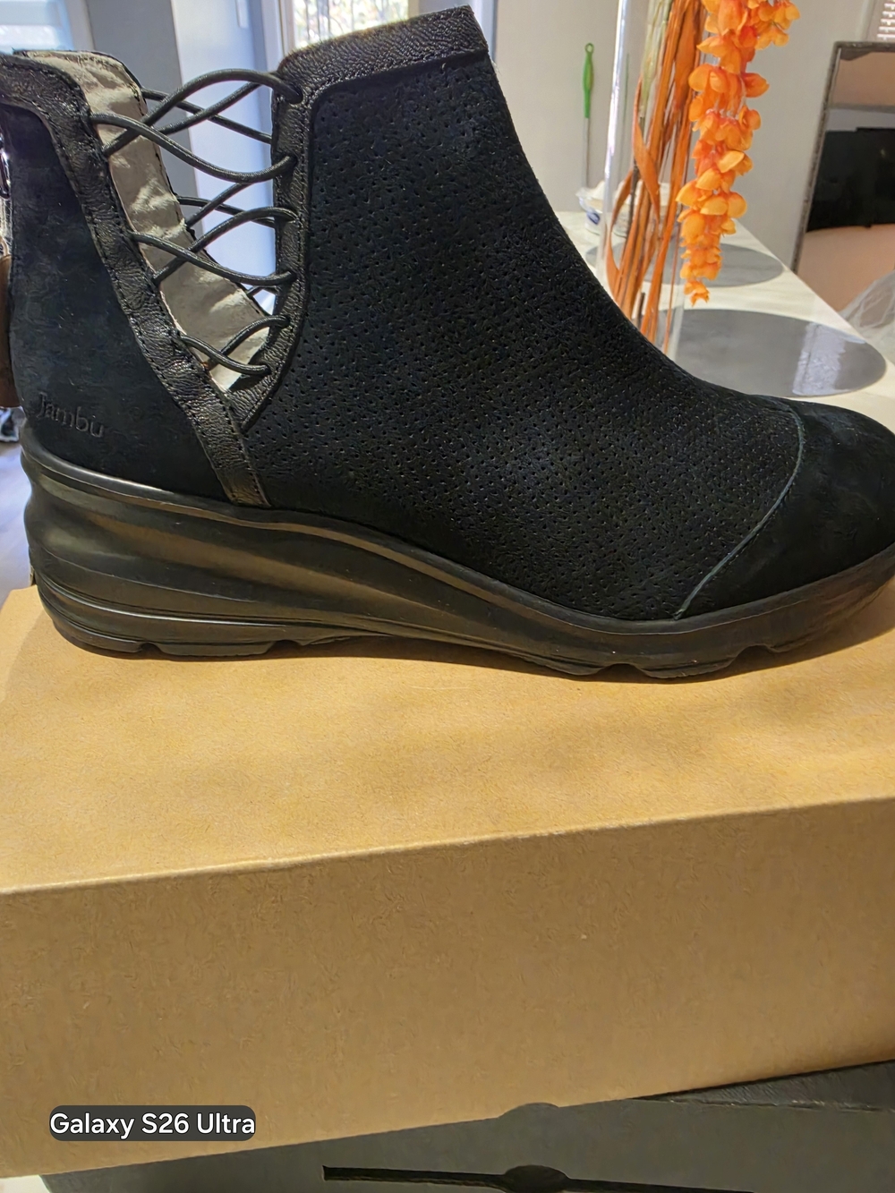 Jambu Black Perforated Wedge Ankle Bootie with Lace-Back Detail